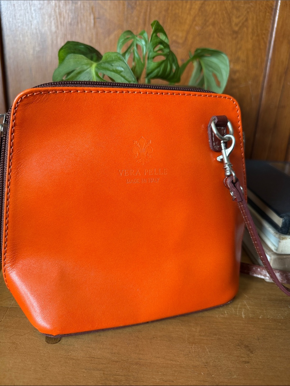 Vera Pelle Orange Leather Purse with Brown Strap